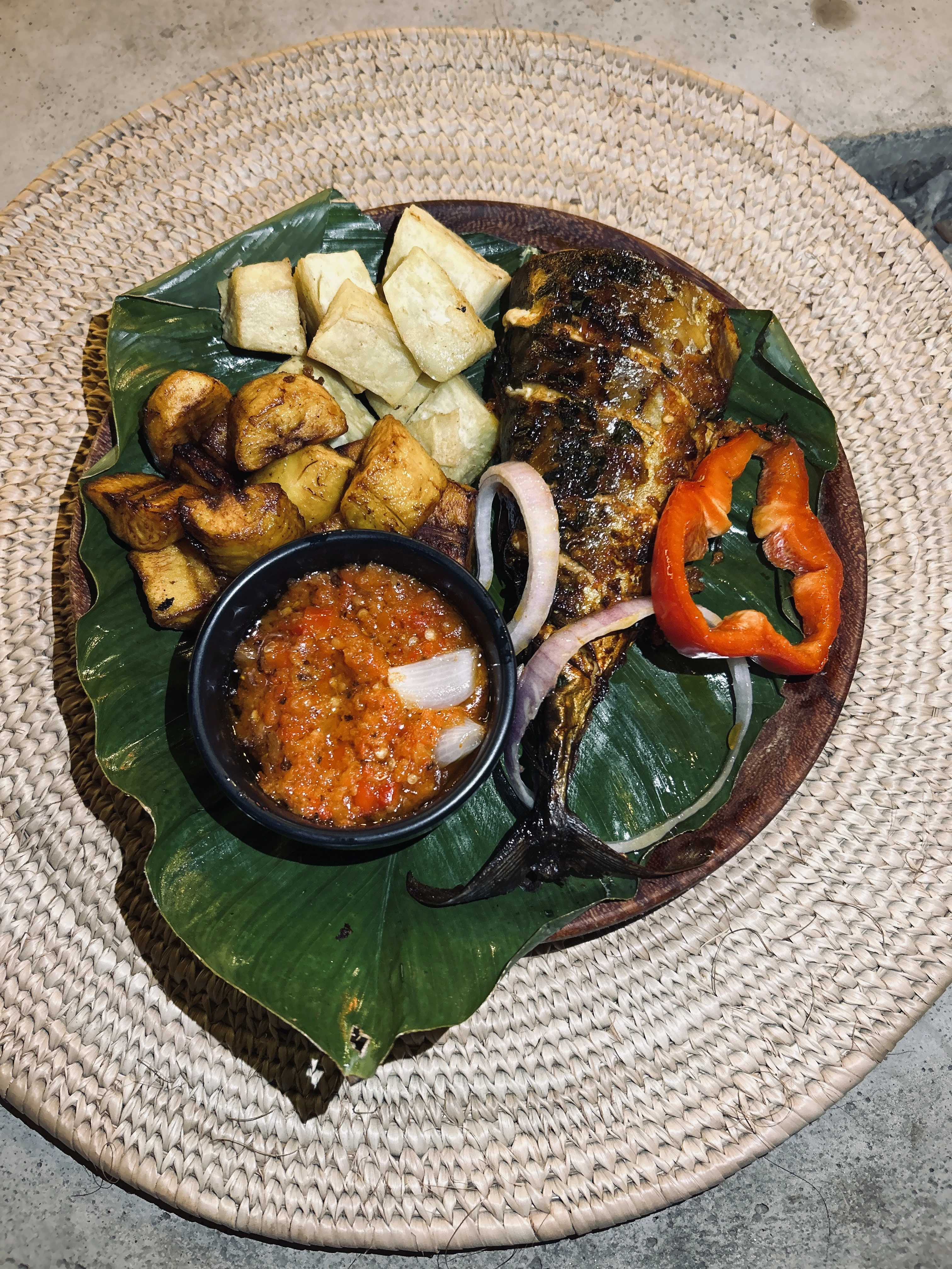 Grilled fish with fried yam and plantain at Iroko