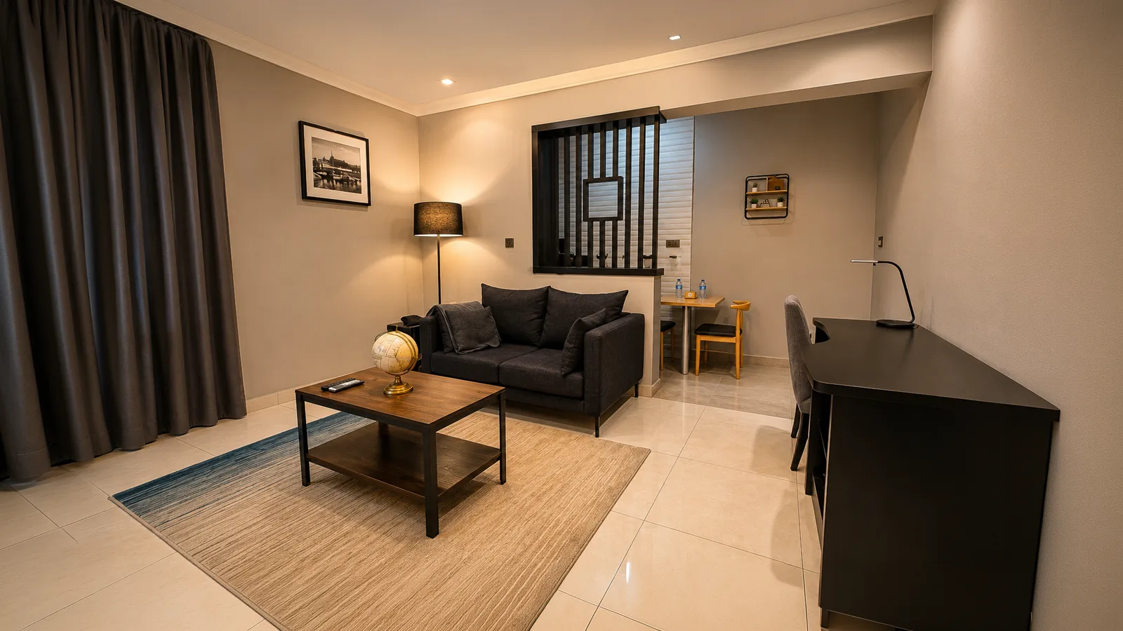 The living room with kitchenette